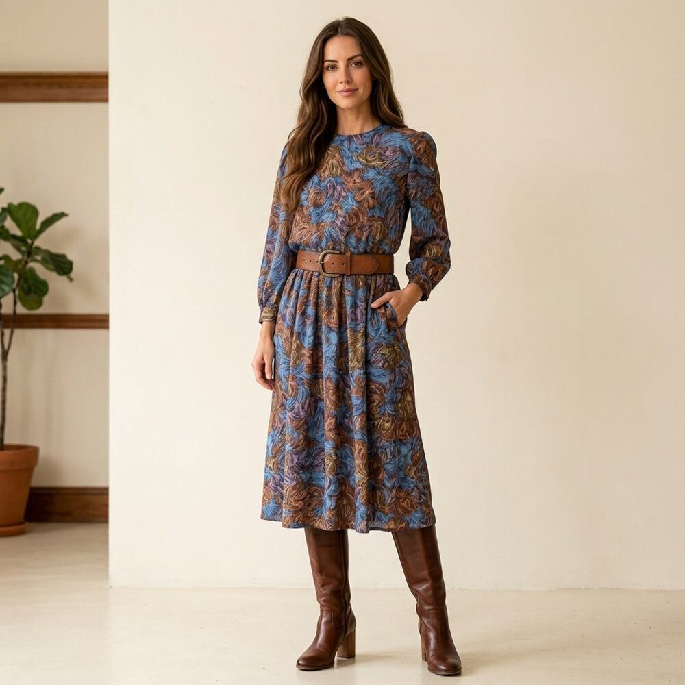 VTG Hal Hardin Floral Midi Dress sz 10 Blue Brown 80s Fall Western Country